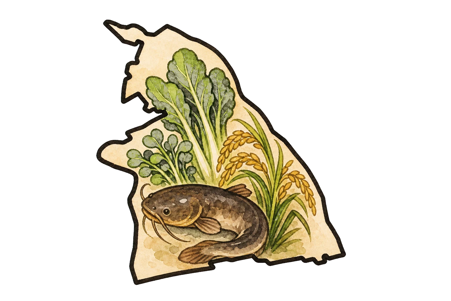 吉川市の形の中に描かれたナマズと地場野菜・稲のイラスト