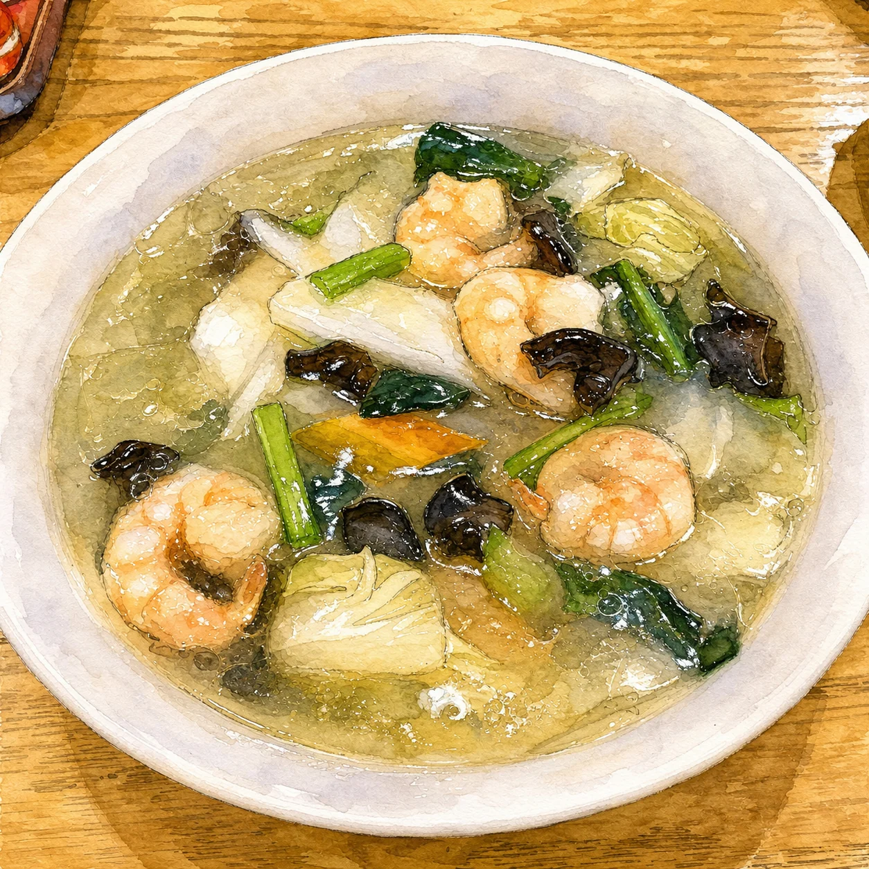 野菜と海老が入ったスープ料理を実写真から描き起こしたイラスト